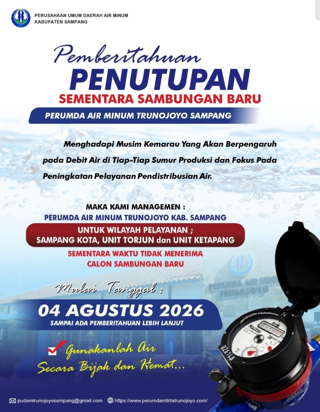 PENUTUPAN SEMENTARA PENDAFTARAN SAMBUNGAN BARU PELANGGAN